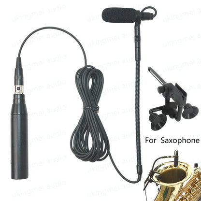 Black lavalier musical instrument microphone with flexible gooseneck and phantom power input for guitar saxophone violin use
