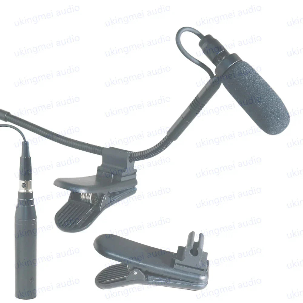 Black flexible gooseneck musical instrument microphone with foam windscreen clip and xlr adapter for guitar saxophone violin phantom power input