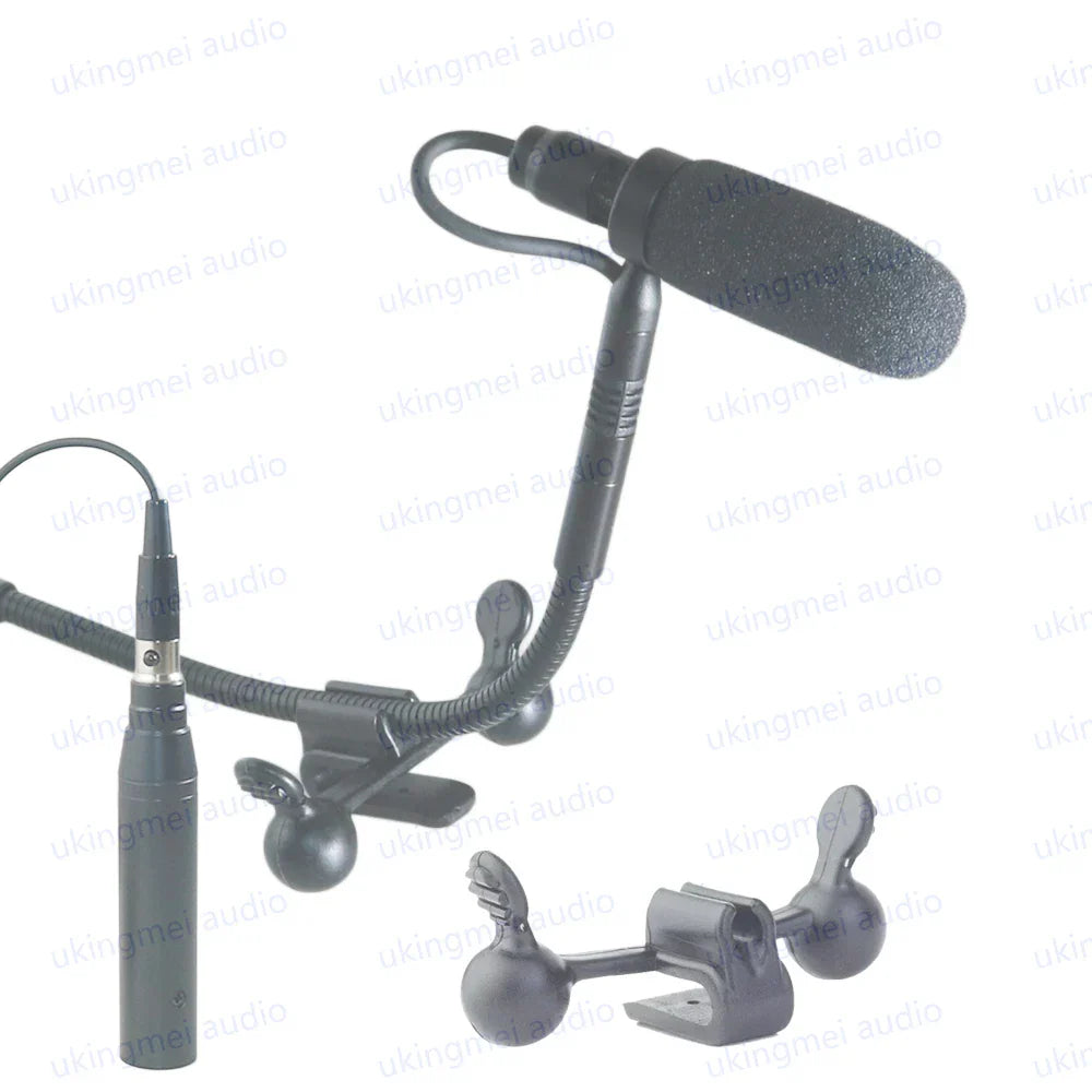 Black lavalier musical instrument microphone with foam windscreen and flexible gooseneck for guitar saxophone violin phantom power input