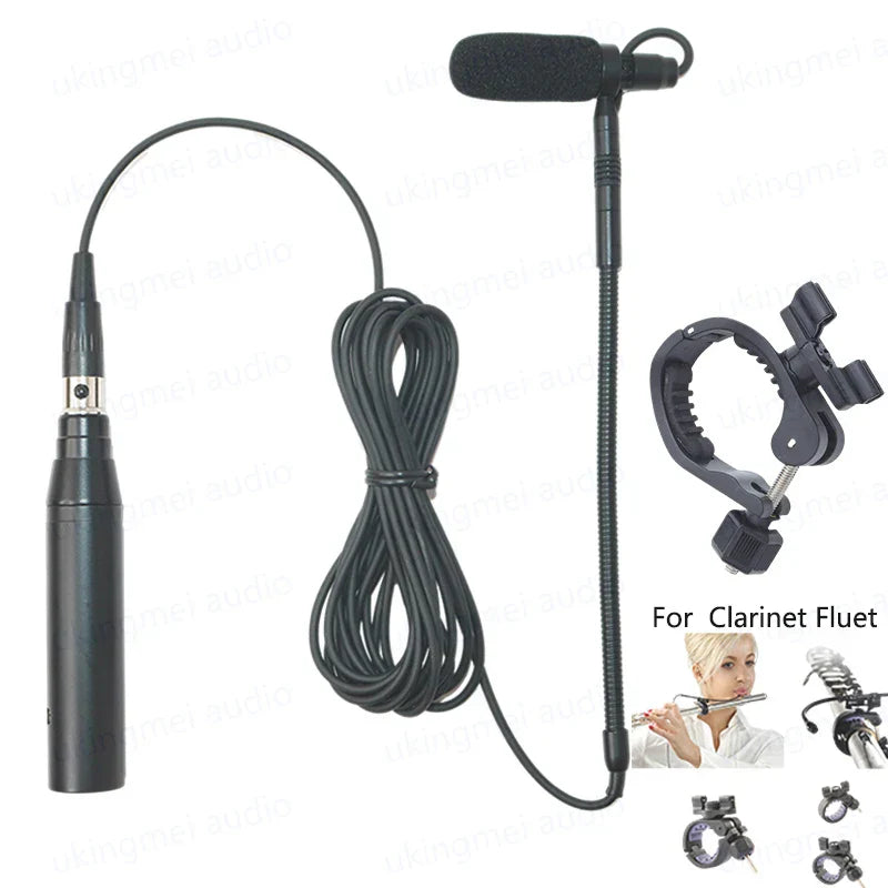 Black clip-on musical instrument microphone with foam windscreen and adjustable gooseneck for guitar saxophone violin use with phantom power input