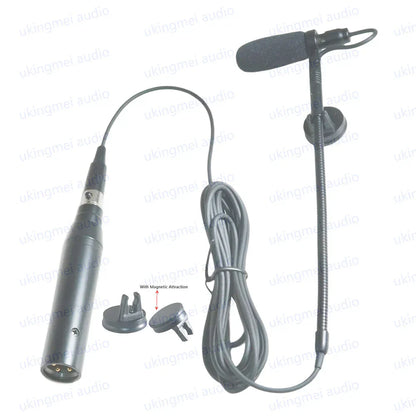 Black clip-on musical instrument microphone with flexible gooseneck foam windscreen and phantom power input for guitar saxophone violin