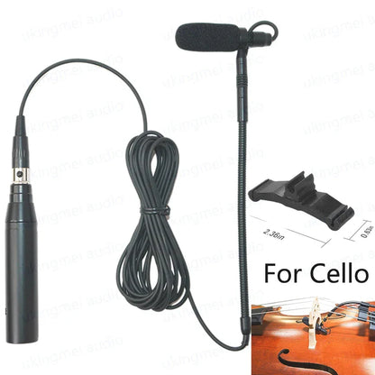 Black lavalier musical instrument microphone with flexible gooseneck and phantom power input for guitar saxophone violin and cello
