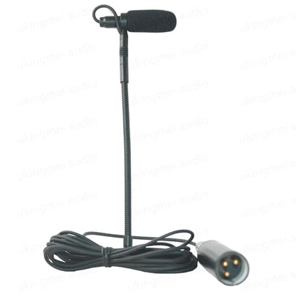 Black clip-on musical instrument microphone with flexible gooseneck and phantom power input for guitar saxophone violin