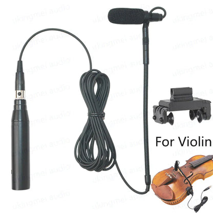 Black clip-on musical instrument microphone with flexible gooseneck and phantom power input for guitar saxophone violin use