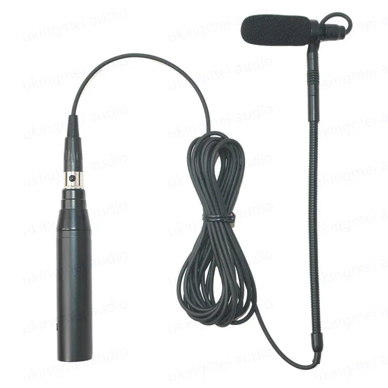 Black clip-on musical instrument microphone with phantom power input and flexible gooseneck for guitar saxophone violin