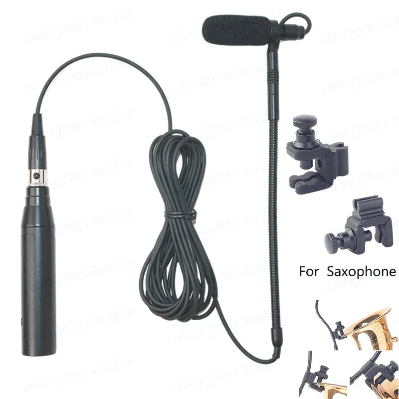 Black clip-on musical instrument microphone with flexible gooseneck foam windscreen phantom power input for guitar saxophone violin