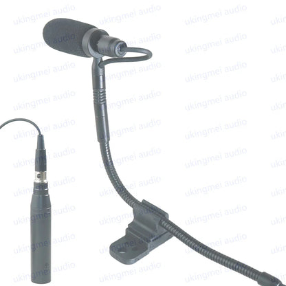 Black flexible gooseneck musical instrument microphone with foam windscreen clip mount and phantom power input for guitar saxophone violin