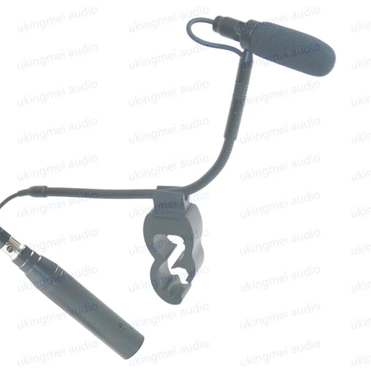 Black lavalier musical instrument microphone with flexible gooseneck clip and phantom power input for guitar saxophone violin