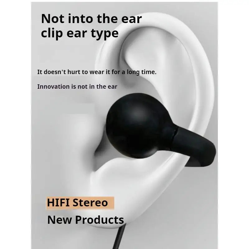 Black ear clip wired headphones with sleek rounded design for comfortable long-term wear sports music earbuds handfree sport gamer