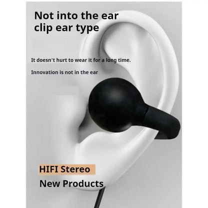 Black ear clip wired headphones with sleek rounded design for comfortable long-term wear sports music earbuds handfree sport gamer