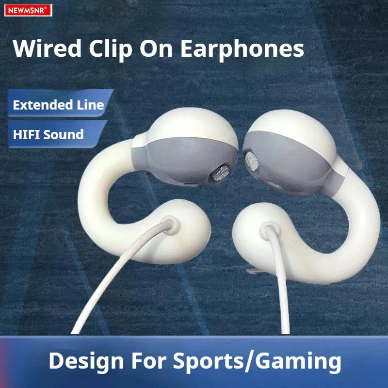 White and gray clip-on wired headphones with type c and 3.5mm connectors for sports music earbuds and gamer headset earphones