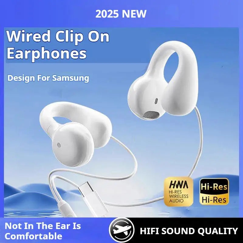 White wired clip-on headphones with ergonomic silicone ear hooks for sports music earbuds and handfree sport gamer use