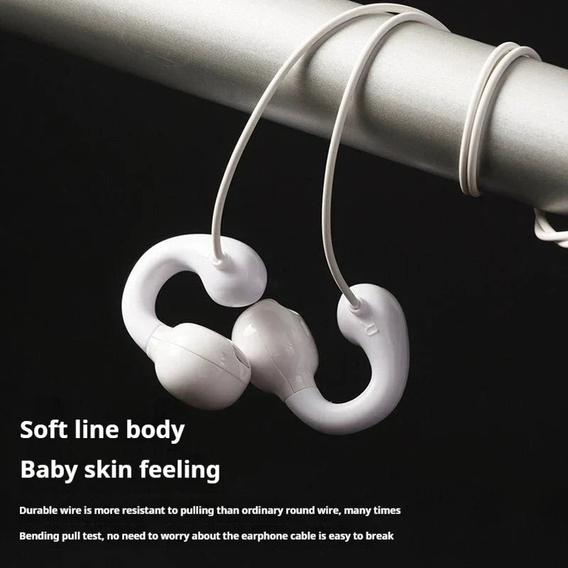 White soft silicone clip-on wired headphones with flexible wire for sports music earbuds and handfree sport gamer use