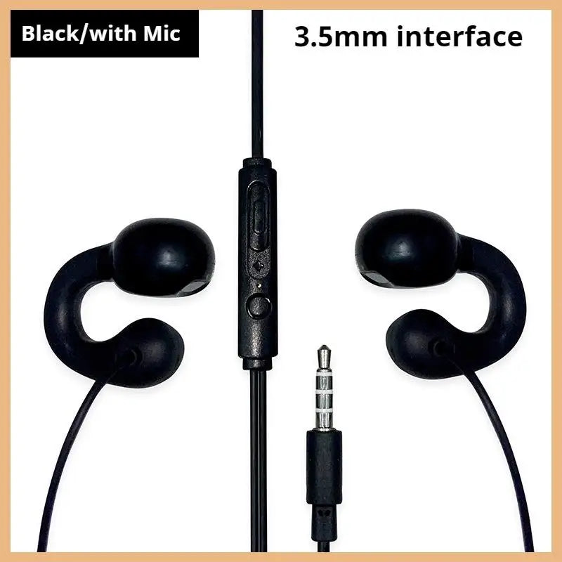Black clip-on wired headphones with 3.5mm interface and mic, curved earpieces for secure fit, sports music earbuds and gamer headset earphones