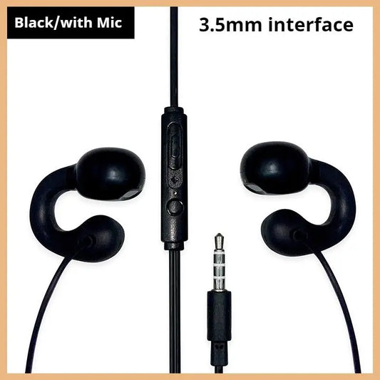 Black clip-on wired headphones with 3.5mm interface and mic, curved earpieces for secure fit, sports music earbuds and gamer headset earphones