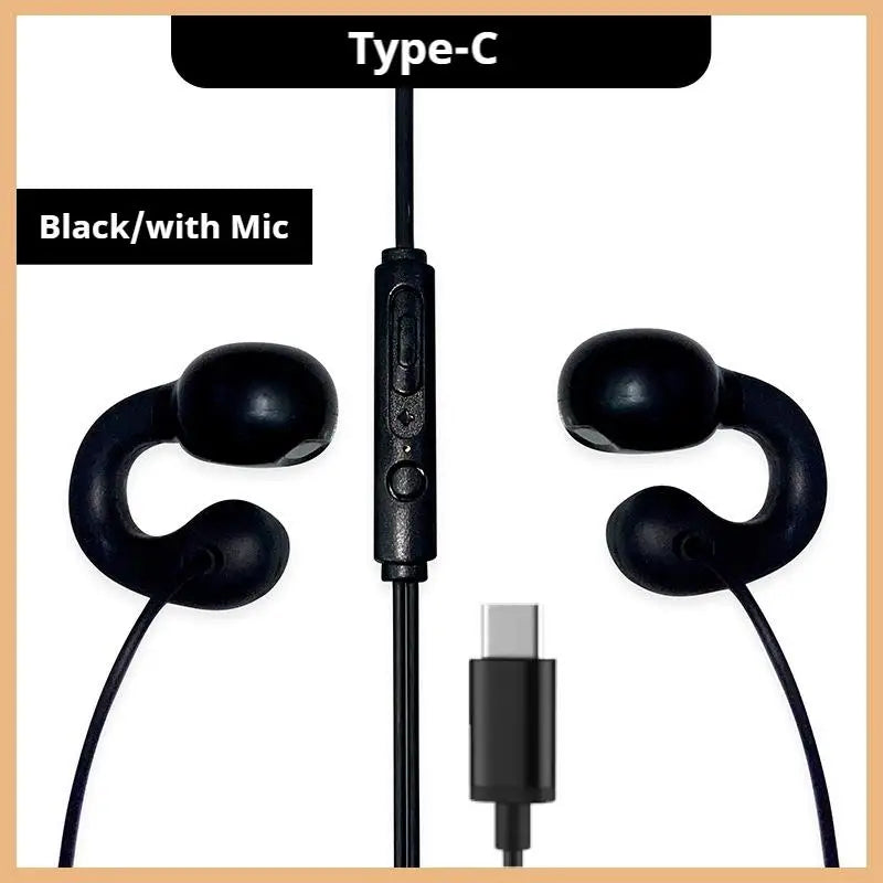Black clip-on wired sports music earbuds with type-c cable and hd mic for handfree sport gamer headset earphones
