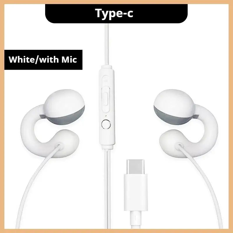White clip-on wired headphones with type-c cable and built-in mic for sports music earbuds and handfree sport gamer use