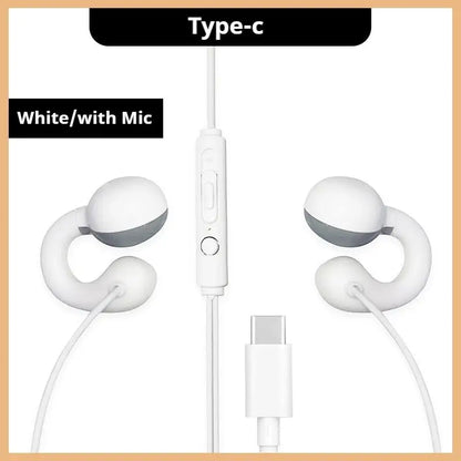 White clip-on wired headphones with type-c cable and built-in mic for sports music earbuds and handfree sport gamer use