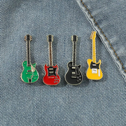 Four colorful metal guitar enamel pins in green red black and yellow band guitar brooch accessories rock band set