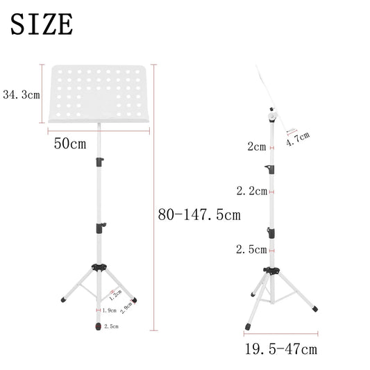 White collapsible sheet music stand with aluminum alloy foldable music score tripod and perforated holder
