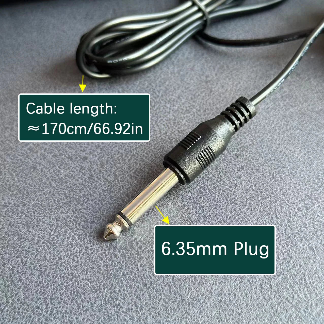 Black 6.35mm audio cable with metallic plug and ribbed plastic housing for compact sustain pedal used with drum machines