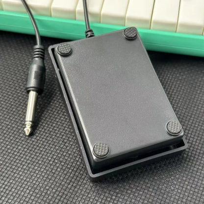 Compact sustain pedal with black plastic body textured rubber feet and 1/4 inch plug for keyboards drum machines and synthesizers
