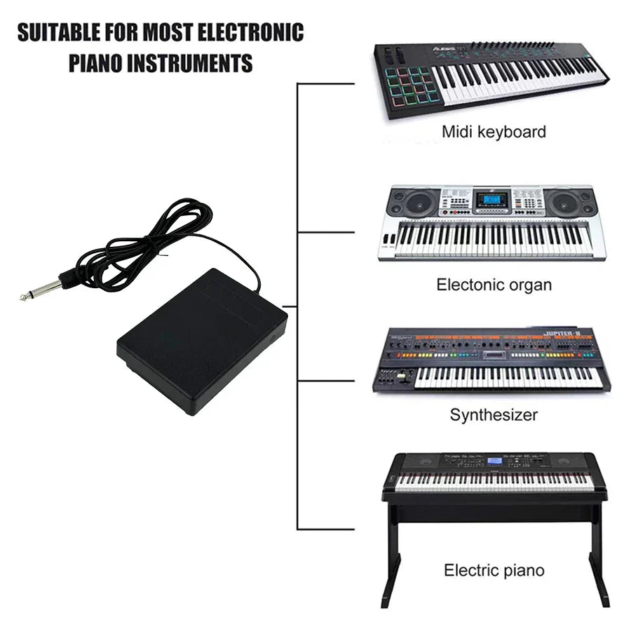 Compact black plastic sustain pedal with coiled cable and 1/4 inch plug for keyboards and drum machines