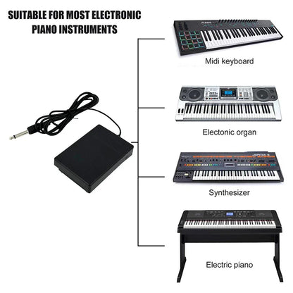 Compact black plastic sustain pedal with coiled cable and 1/4 inch plug for keyboards and drum machines