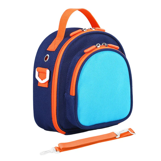 Navy blue and bright orange yoto mini holder carrying bag with turquoise panel and detachable strap cards organizer case