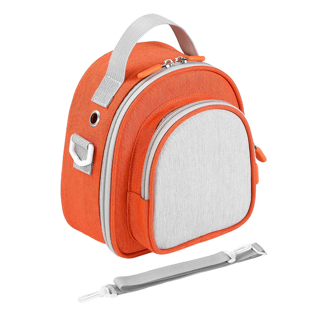 Orange and gray fabric yoto mini holder carrying bag with white front panel, silver zippers, adjustable strap, and cards organizer case