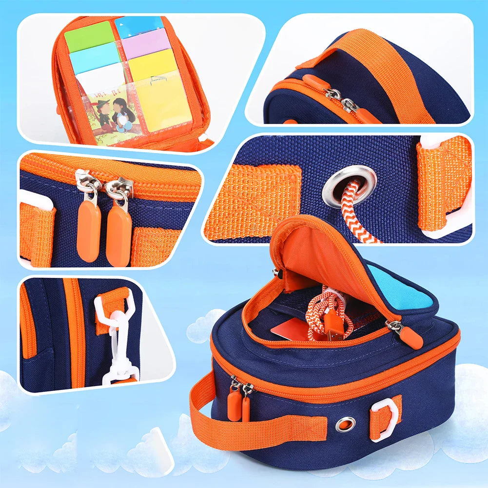 Navy blue and orange fabric yoto mini holder carrying bag with zippered compartments and cards organizer case