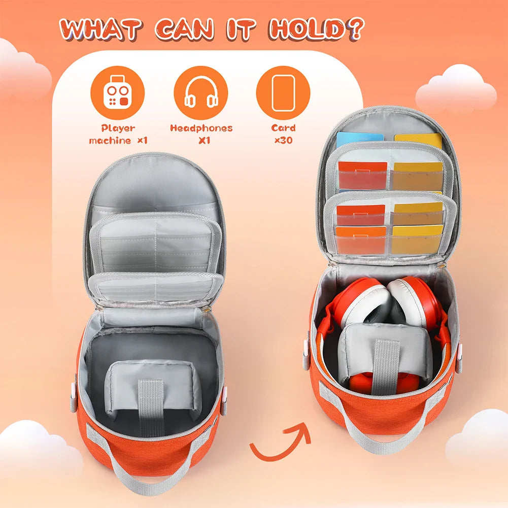 Orange and gray yoto mini holder carrying bag with multiple compartments for player machine, headphones, and cards organizer case