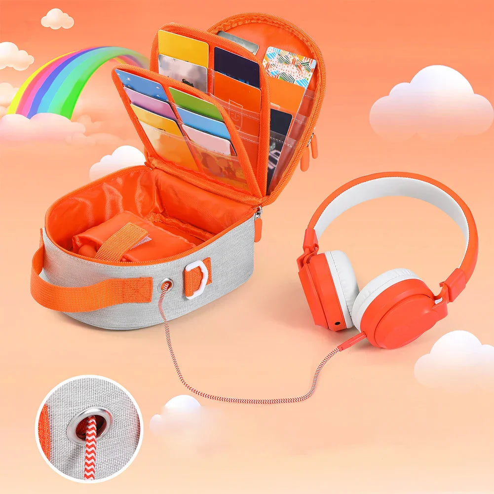 Orange and white yoto mini headphone storage holder carrying bag with card slots and detachable strap for kids music player