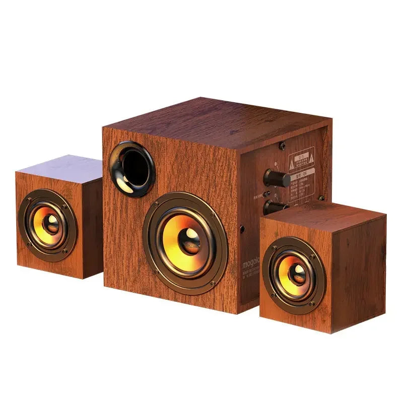 Wooden three-piece speaker system with warm brown finish and gold-accented drivers for loudspeaker active living room heavy subwoofer large volume professional use