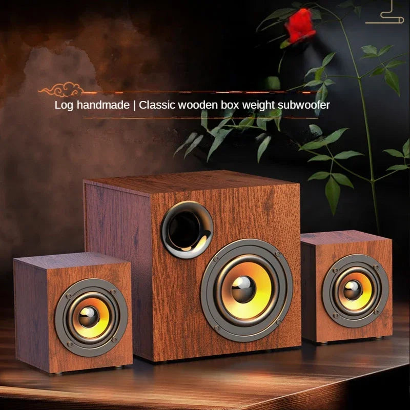 Classic wooden box loudspeaker active living subwoofer with warm brown finish and metallic silver grilles for large volume professional use
