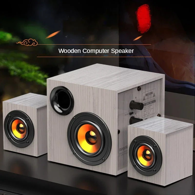 Set of three wooden computer loudspeaker active living room speakers with light gray wood grain and large volume drivers