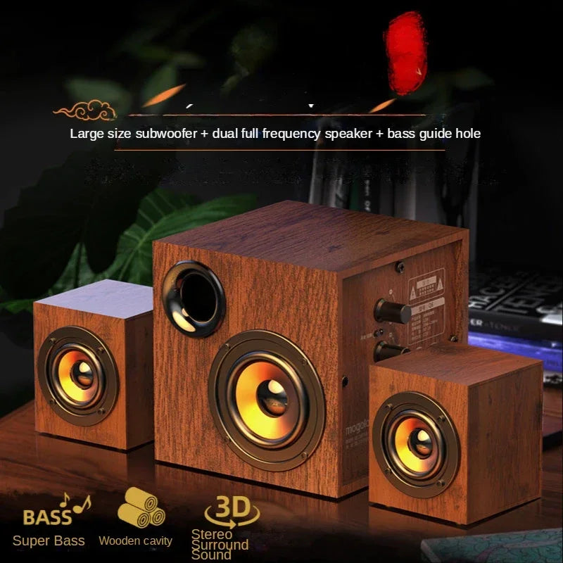 Wooden cube-shaped loudspeaker active living room system with warm brown finish and gold-rimmed drivers for large volume professional use