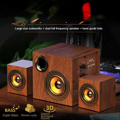 Wooden cube-shaped loudspeaker active living room system with warm brown finish and gold-rimmed drivers for large volume professional use