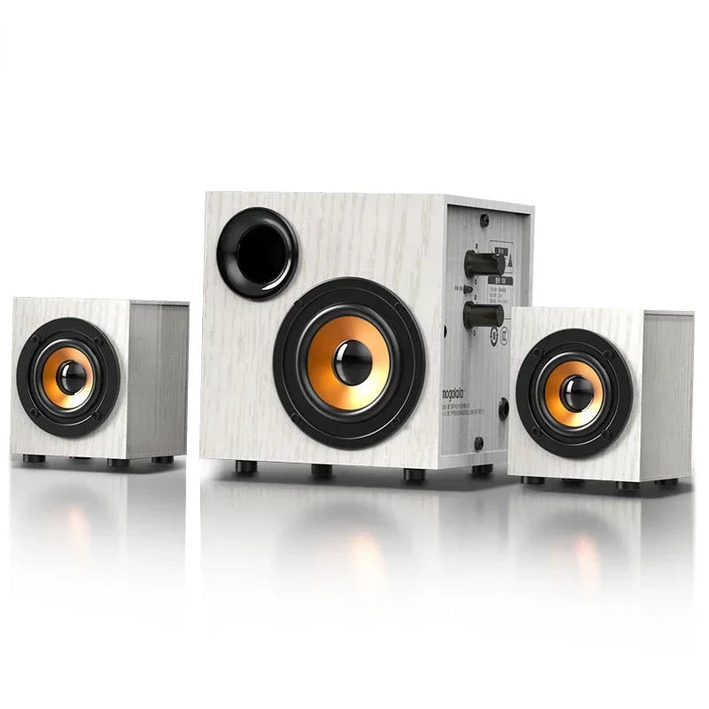 White wood-grain finished 3.1 channel loudspeaker active living room system with black gold drivers and room heavy subwoofer