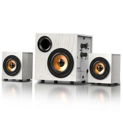 White wood-grain finished 3.1 channel loudspeaker active living room system with black gold drivers and room heavy subwoofer