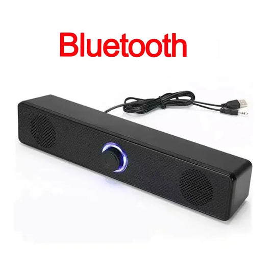 Black rectangular computer desktop high-quality bluetooth wired dual-purpose speaker with glowing blue control knob and dual speakers