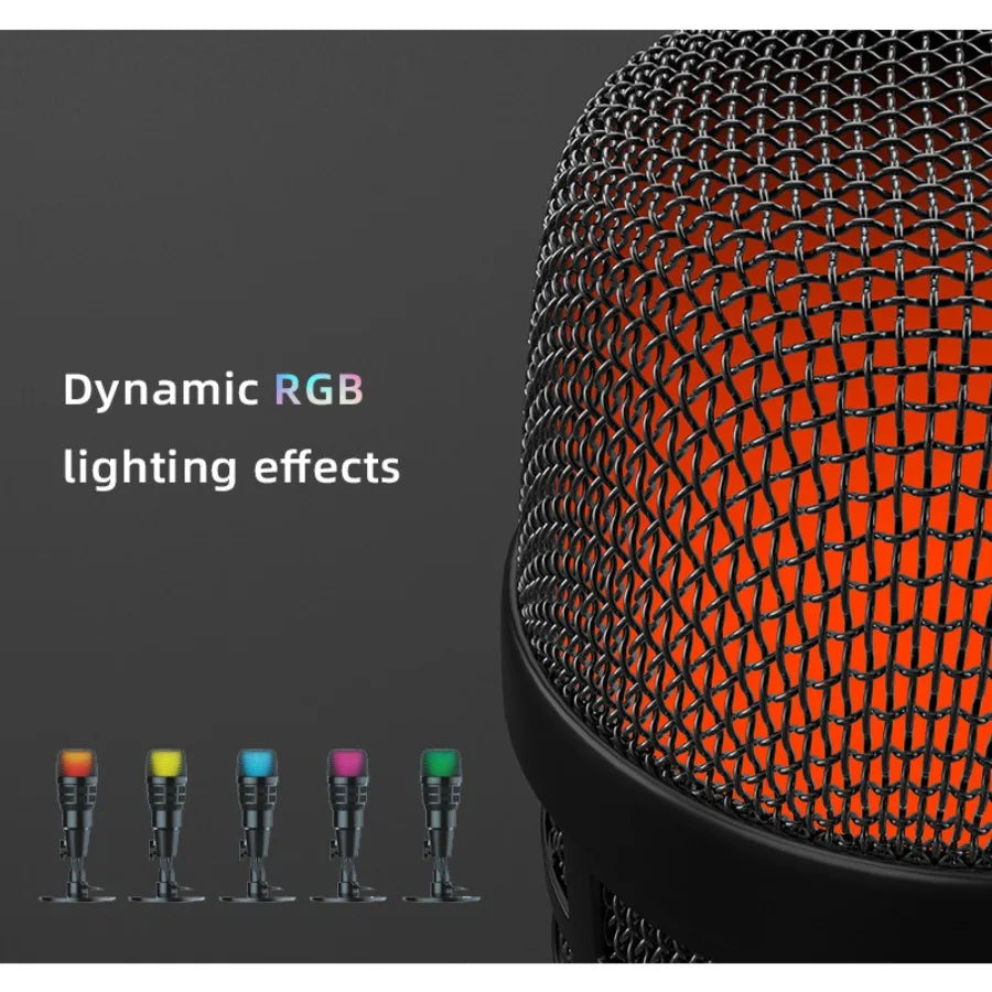 Black mesh usb computer microphone with dynamic rgb lighting for podcast usb microphone karaoke noise cancelling use