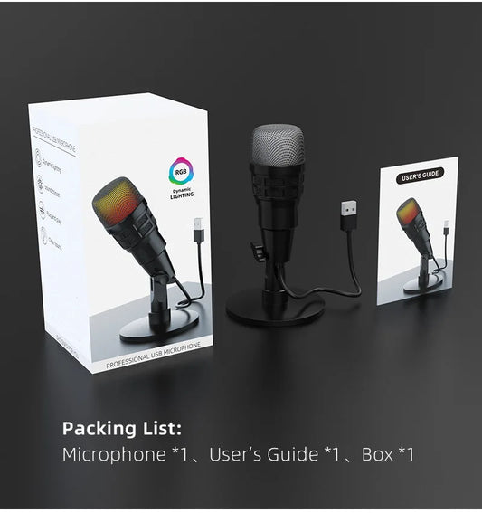 Black usb computer microphone with metallic mesh grille and rgb lighting for podcast usb microphone karaoke noise cancelling