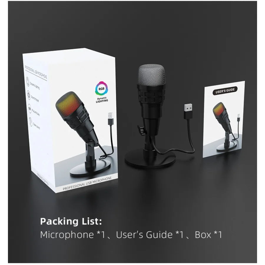 Black usb computer microphone with metallic mesh grille and rgb dynamic lighting for podcast and karaoke noise cancelling use