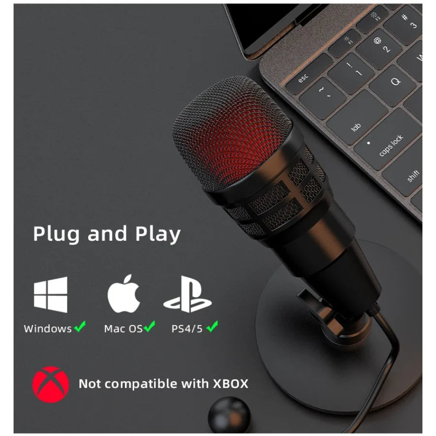 Black usb computer microphone with red illuminated grille and textured metallic body for podcast usb microphone use