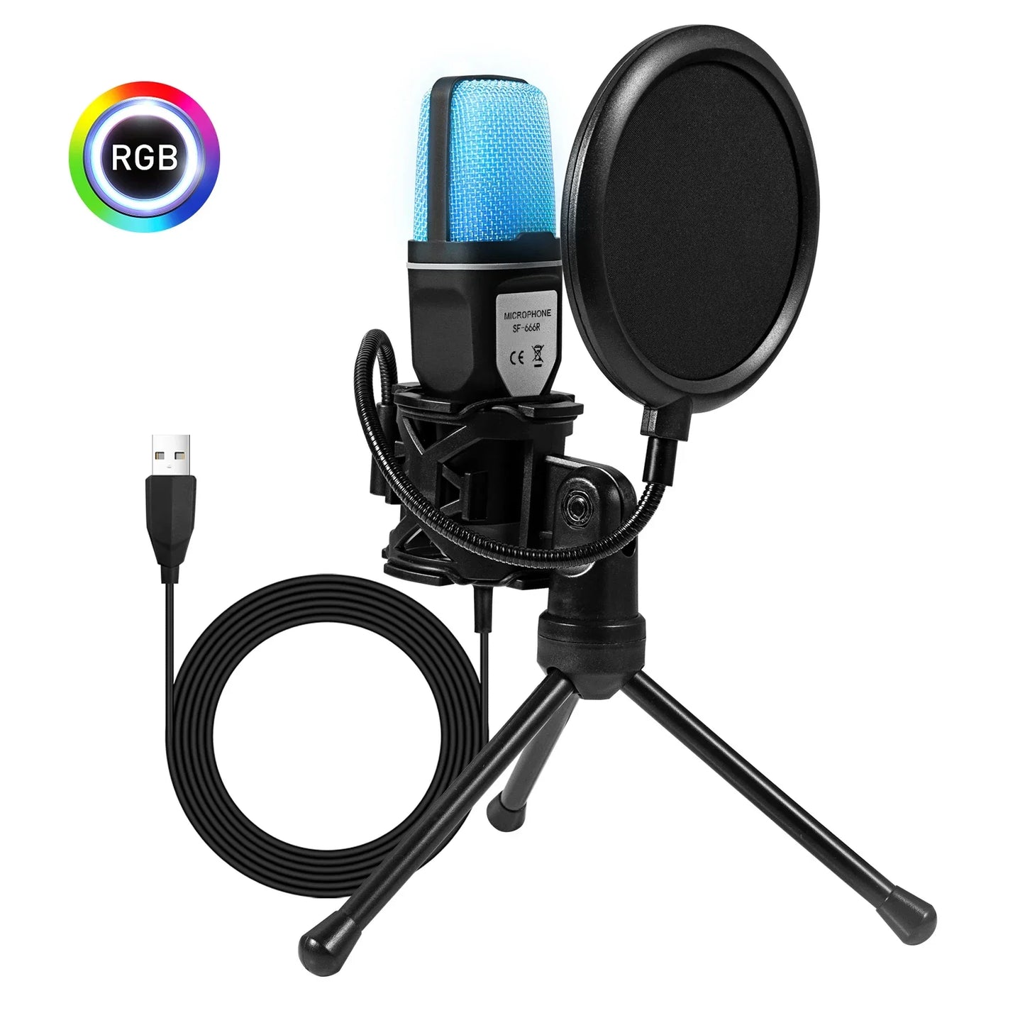 Black usb gaming condenser microphone with blue mesh grille and pop filter on tripod stand for live streaming podcast