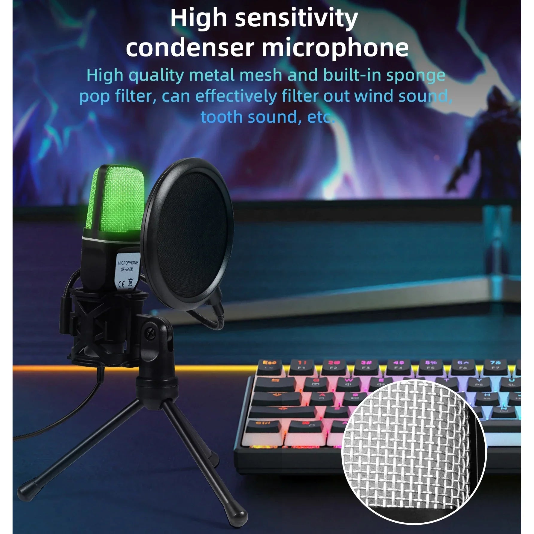 Black gaming condenser microphone with glowing green mesh grille and pop filter for computer professional live streaming podcast use