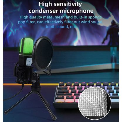 Black gaming condenser microphone with glowing green mesh grille and pop filter for computer professional live streaming podcast use
