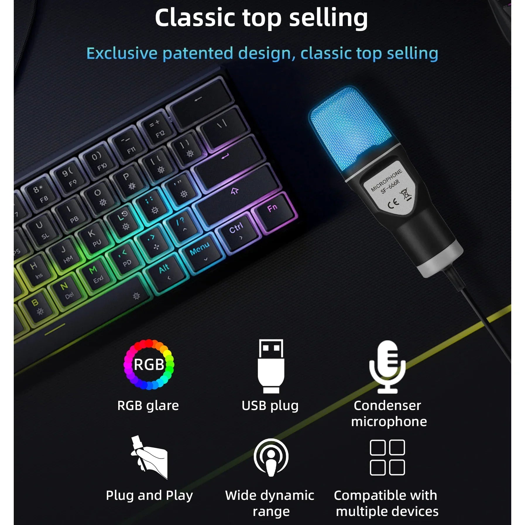 Blue led-lit gaming condenser microphone with black silver body usb plug for computer professional gaming live streaming podcast