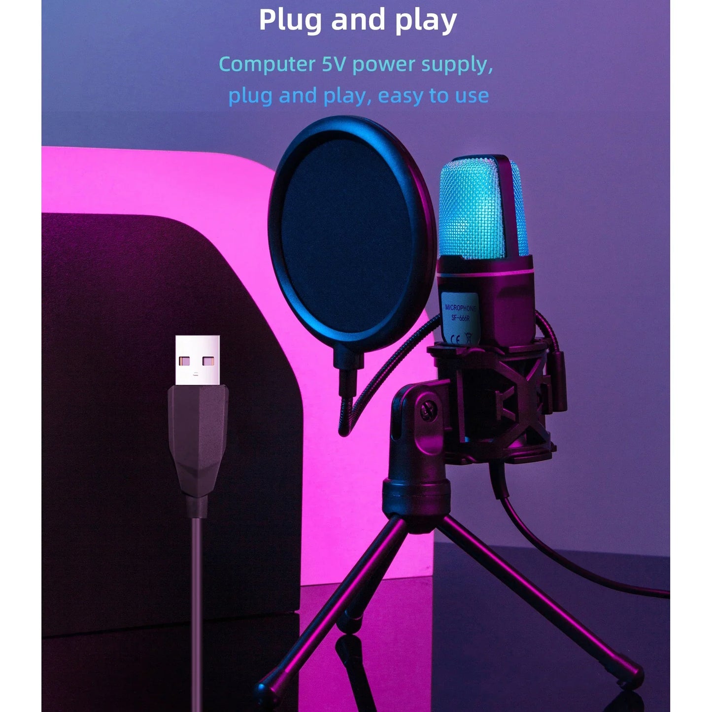 Blue mesh gaming condenser microphone with black pop filter and tripod stand for computer professional gaming and live streaming podcast